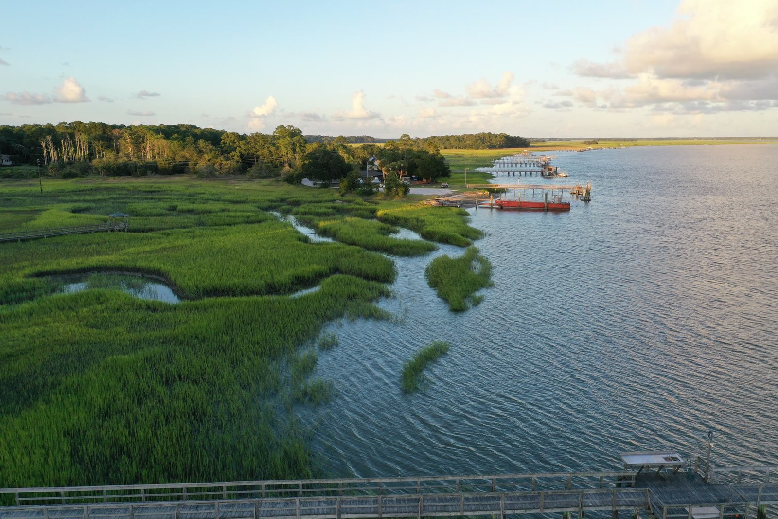Salt marsh, docks, and river light near Bluffton in Beaufort County, South Carolina